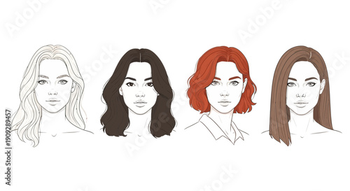 Diverse Women Hairstyles: Four Different Hair Colors and Styles Illustrated