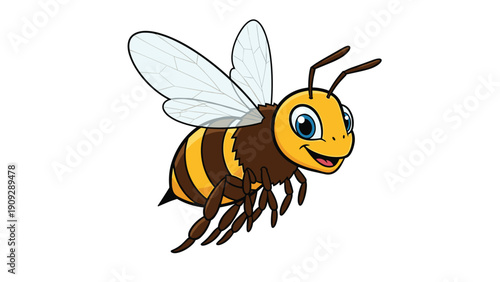 Cheerful cartoon honey bee flying through the air with translucent wings and a smiling face in a vibrant insect illustration.
