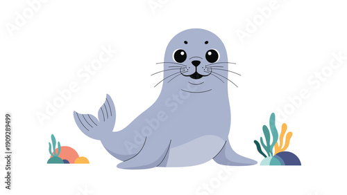 Adorable baby seal resting on the seabed surrounded by colorful coral and underwater plants in a gentle marine life illustration.