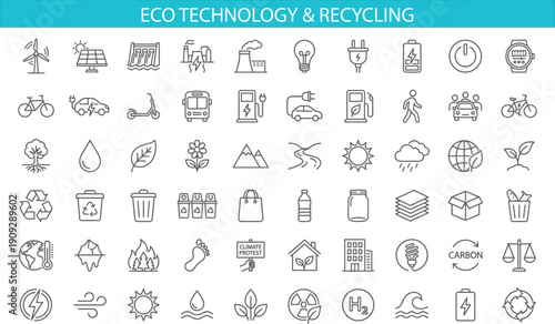 Renewable energy and environmental protection line icon set featuring sustainability, eco technology, recycling, clean power, climate awareness and green lifestyle symbols