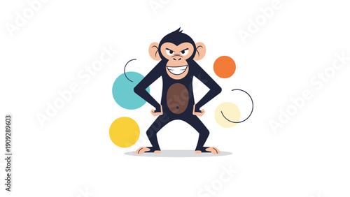 Grumpy cartoon monkey standing with hands on hips and a determined expression surrounded by colorful abstract circles.