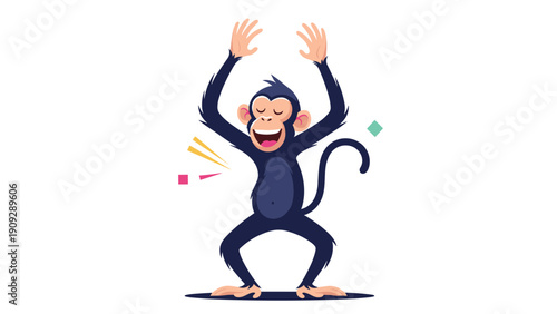 Joyful cartoon monkey dancing with arms raised and a wide smile amidst colorful festive confetti and shapes.