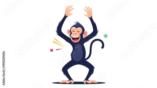 Fototapeta Joyful cartoon monkey dancing with arms raised and a wide smile amidst colorful festive confetti and shapes.