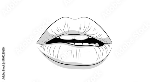 Open Lips Biting Lower Lip, Black and White Sketch