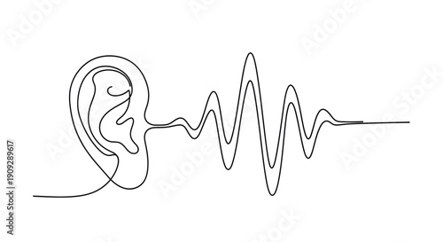 Sound wave and ear, one-line drawing symbolizing hearing and audio perception