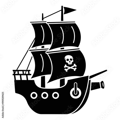 Pirate Ship Silhouette with Jolly Roger Flag and Cannon