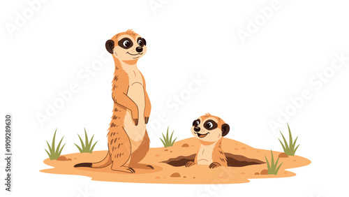 Pair of alert meerkats in their natural habitat with one standing guard and the other emerging from a burrow in the sand.