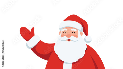 Friendly Santa Claus with a big white beard and red suit waving his hand in a warm greeting against a white background.