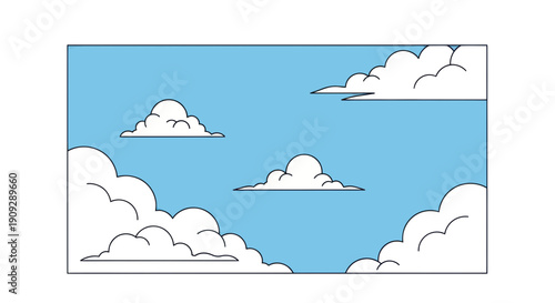 Stylized cartoon clouds floating in a bright blue sky