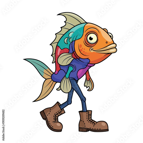 Whimsical Fish Character Walking with Boots and Jeans