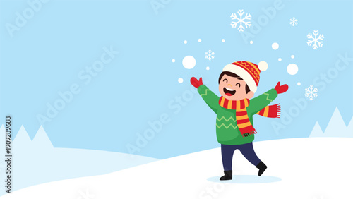 Happy young boy wearing warm winter clothes tosses snowballs into the air during a bright and snowy day in the mountains.