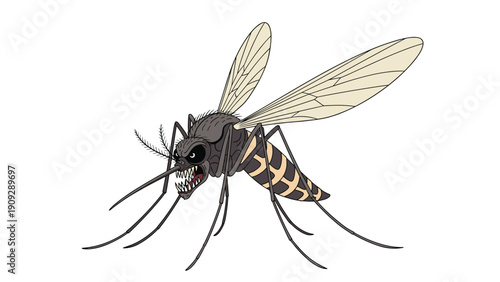 Scary and monstrous mosquito character with sharp teeth and large wings depicted in a detailed and menacing cartoon illustration.
