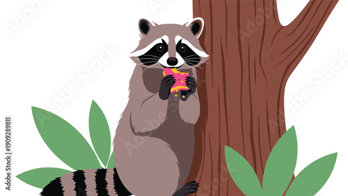 Hungry raccoon character sitting by a large brown tree trunk and enjoying a pink frosted donut in a forest setting.