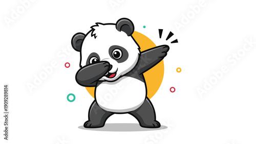 Happy cartoon panda character performing a dabbing dance move against a bright yellow circular background with colorful accents.