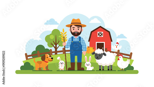 Friendly farmer standing in a lush green field surrounded by farm animals including a dog, rabbits, sheep, and chickens near a red barn.