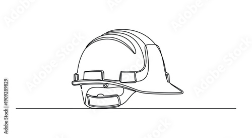 Hard hat on white, minimalist line drawing of a safety helmet for construction