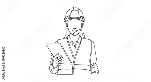 Female engineer with tablet, minimalist line art of woman in hard hat and vest