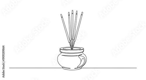 Single line drawing of incense sticks in a pot, minimalist, zen, meditation, aromatherapy
