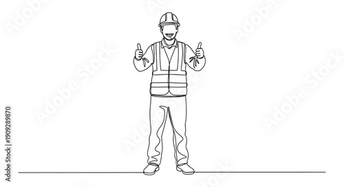 Construction worker giving thumbs up, minimalist line art of happy professional