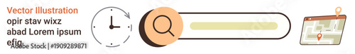 Search engines, navigation tools, geolocation, time management, online maps, digital tools. Search bar with magnifying glass, clock icon and map with pin. Search engines and navigation tools concept