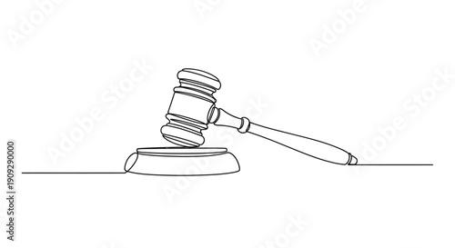 Single line drawing of a judge's gavel, law, justice, court, legal system