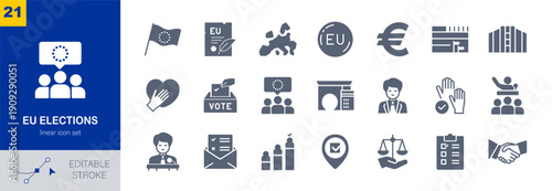EU Elections Icon Set - Voting Ballot Box, European Parliament, Euro Currency and Democracy Symbols. Solid Glyph Vector Collection for Politics and Governance