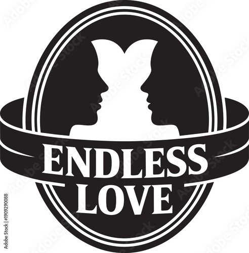 Endless love emblem featuring two human profiles facing each other with heart shape in middle