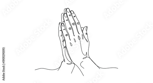 Single line drawing of praying hands, spiritual gesture, devotion, meditation