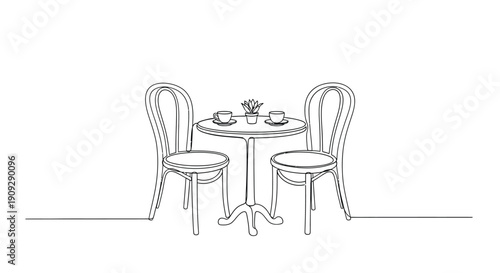 Minimalist line drawing of a cafe table and chairs with coffee cups, outdoor seating