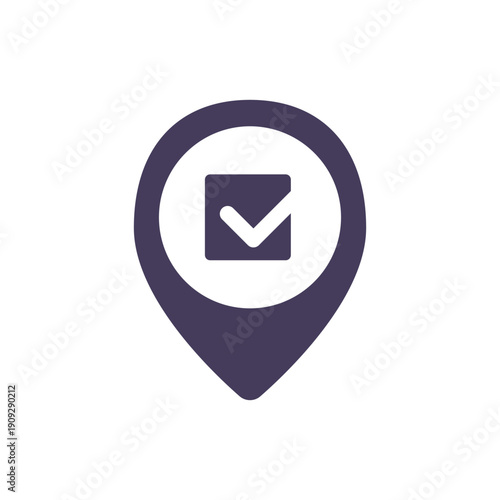 Solid polling station location icon with pin and tick mark symbolizes voting place and election day directions guide
