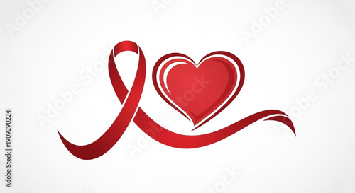 Red Awareness Ribbon with Heart Vector Illustration, Support and Health Concept