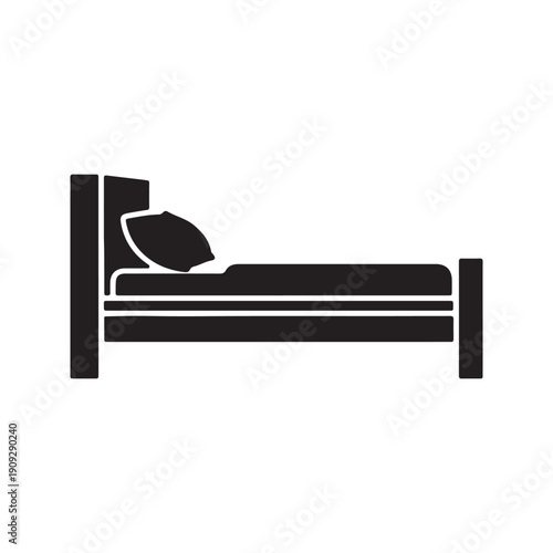 A minimalist black silhouette icon of a bed with a pillow, presented on a clean white background, representing sleep, comfort, and accommodation.

