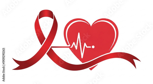 Red Awareness Ribbon with Heart Vector Illustration, Support and Health Concept