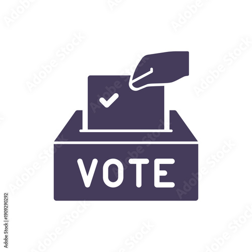 Solid ballot box icon with hand inserting vote represents EU election democratic choice voting process 
