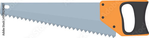 Illustration of hand saw with a black and orange handle. Practical tool for construction, carpentry or repair