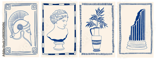Hand drawn Greek Mediterranean ancient print set. Vintage ink frames with mythology bohemian silhouette, antique vase and column sign, sculpture emblem Greek print  stamp for poster, placard