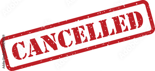 Prominent red grunge effect rubber stamp mark showing the uppercase word CANCELLED on a clean white surface