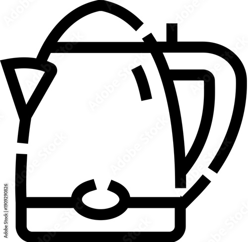 Electric kettle outline icon showing a sleek modern appliance steaming hot water for tea or coffee, minimal line art symbol of quick, convenient morning beverage preparation
