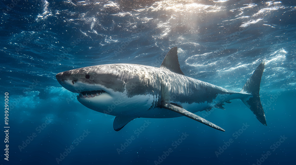 Fototapeta premium Close-up of a powerful and intimidating great white shark swimming majestically in the clear open ocean, Generative AI illustrations.