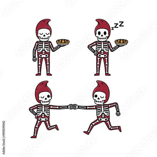 Cartoon skeletons in red hats having a tug of war with a pizza