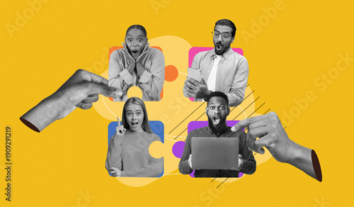 A group of people expressing surprise and excitement while using devices. They are engaged and responsive, set against a bright background.
