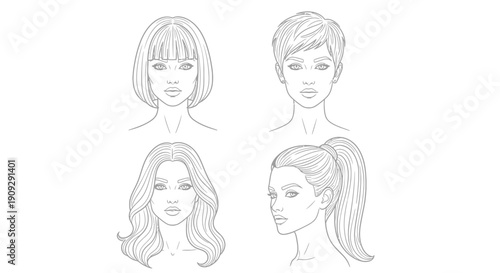 Diverse Female Hairstyles Collection: Bob, Pixie, Wavy, Ponytail - Line Art