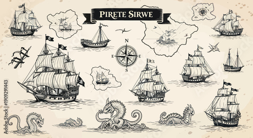 Pirate Ships and Sea Monsters: Vintage Nautical Adventure Illustration