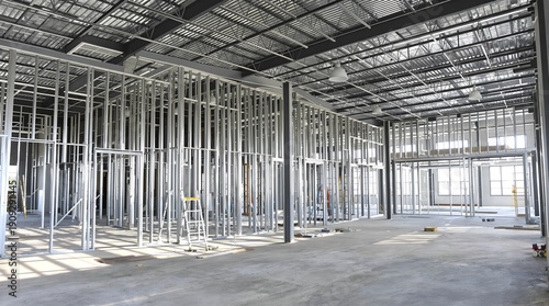 Interior construction site showing metal stud framing installation, galvanized steel profiles