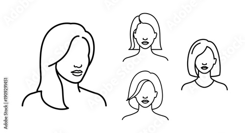 Diverse Female Hairstyles Collection: Line Art Silhouettes of Women's Haircuts