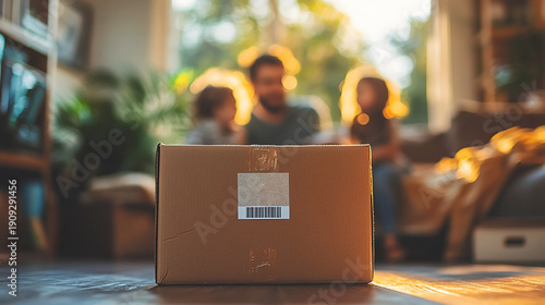 Close-up of moving box on floor with fragile sticker emphasizing safe handling during relocation