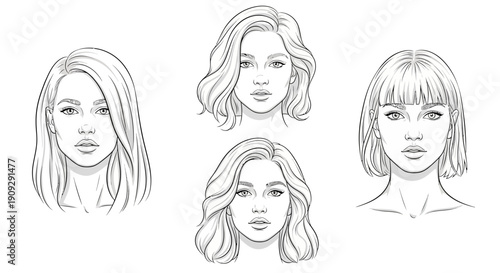 Diverse Female Hairstyles Collection: Sketches of Different Haircuts and Styles