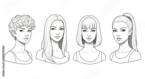 Diverse Female Hairstyles: Curly, Straight, Bob, Ponytail - Line Art Portraits
