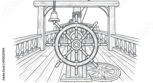 Vintage Ship Steering Wheel and Compass on Deck, Nautical Adventure