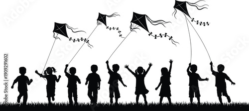 Children flying kites silhouette illustration at sunset for childhood freedom fun outdoor play teamwork concept design